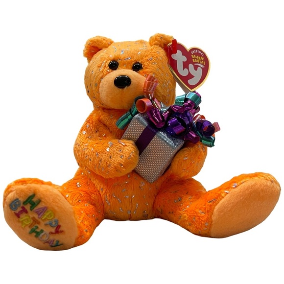 TY Beanie Baby - HAPPY BIRTHDAY the Bear ( Orange - w/ Present ) 7"...NEW - Picture 2 of 7